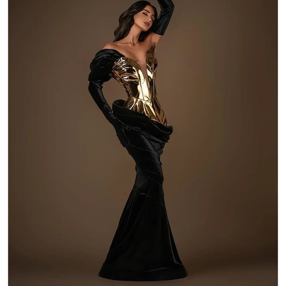 Luxury Golden Black Women Prom Evening Dresses Without Gloves Floor Length Gorgeous Female Cocktail Gowns
