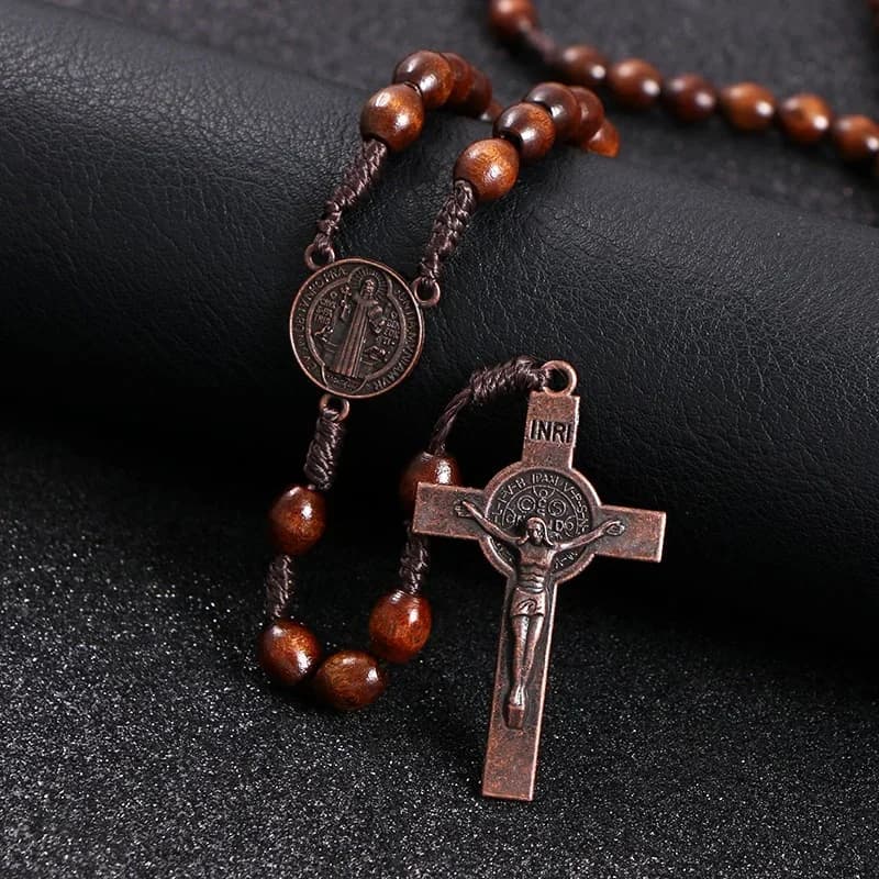 Christ Jesus Wooden Beads 8mm Rosary Bead Cross Car Pendant Woven Rope Chain Necklace Religious Orthodox Praying  Jewelry