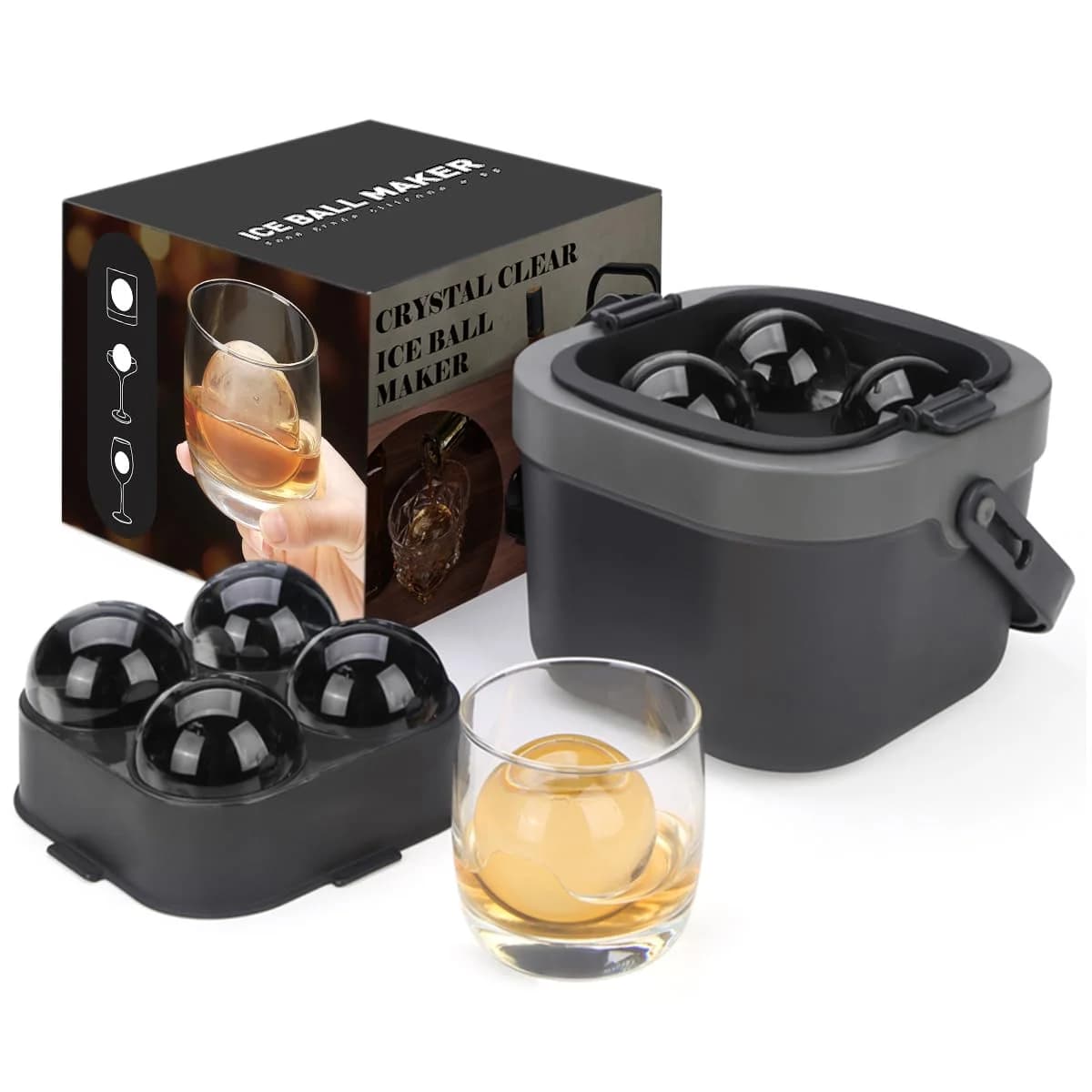 Crystal Clear Ice Ball Maker, 4 Large 2.4" Clear Sphere Ice Cube Mold for Whiskey, Cocktails & Bourbon