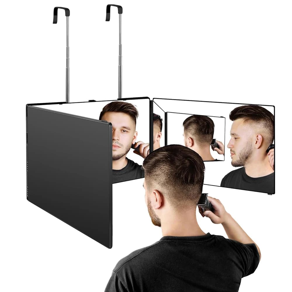 Travel Portable 360° Trifold Vanity Makeup Mirror with Height Adjustable Telescoping Hook for Hair Self Cutting, Shaving, Gifts