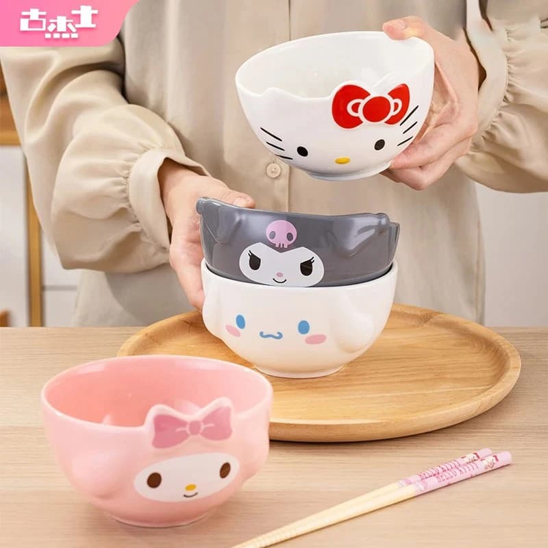 For Sanrio Ceramic Rice Bowls 5Inch Cute for Melody& Cinnamoroll& Kuromi Kids Tableware Home Cartoon Anime Relief Bowl for Gift