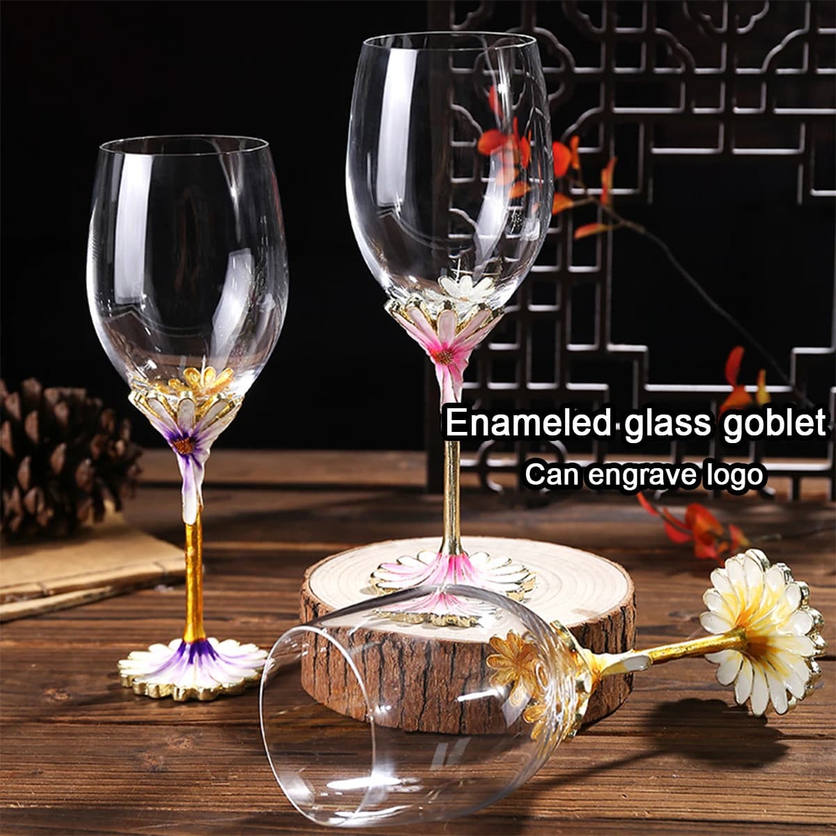 (Can Engrave Logo) 350ML Enamel Daisy-carved Crystal Glass Wine Cup, Wedding Gift Set, Household Stemmed Glasses