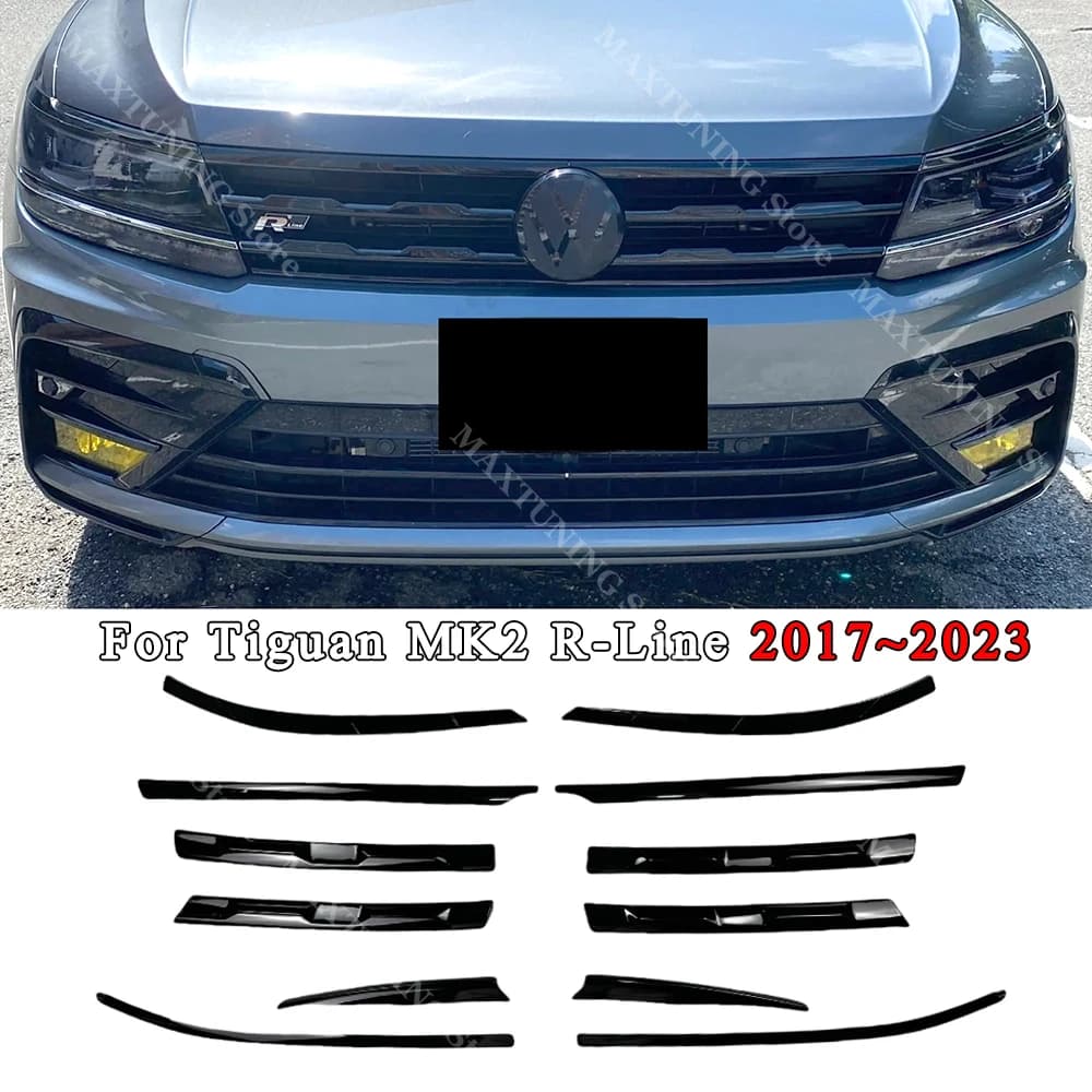 For VW Tiguan MK2 R-Line 2017-2021 Front Bumper Headlight Eyebrows Center Grille Fog Light Black Moulding Strips Stickers Trim