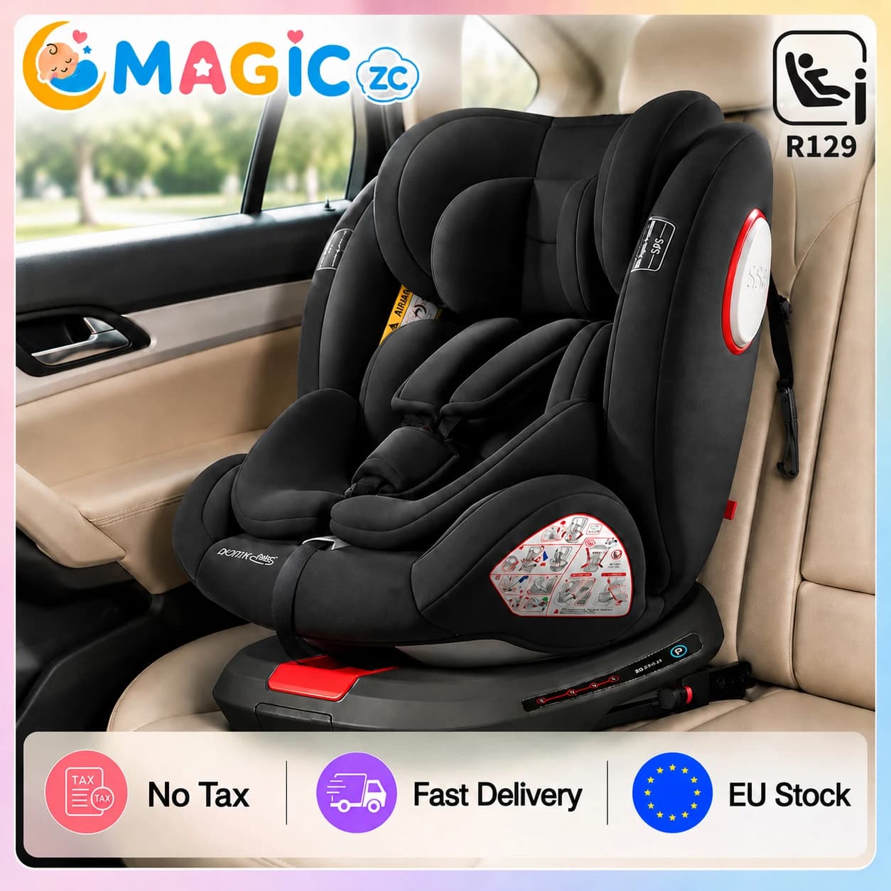 R129 Baby Car Seat 40-150cm 360° Rotating ISOFIX Child Safety Seat with 5-Point Harness Top Tether Alarm Adjustable Headrest 4 Recline Positions Side