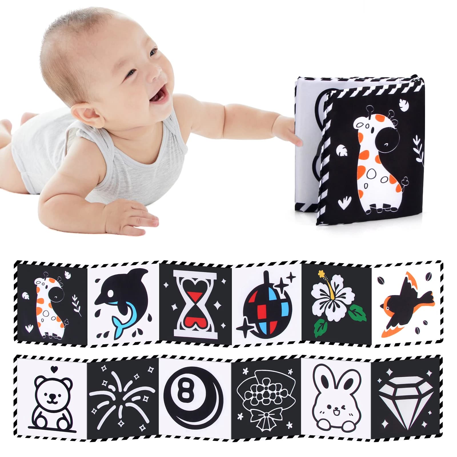 Baby Cloth Book High Contrast Baby Toys 0M+ Newborn Crib Toys Black and White Animal Sensory Cloth Books Montessori Toys