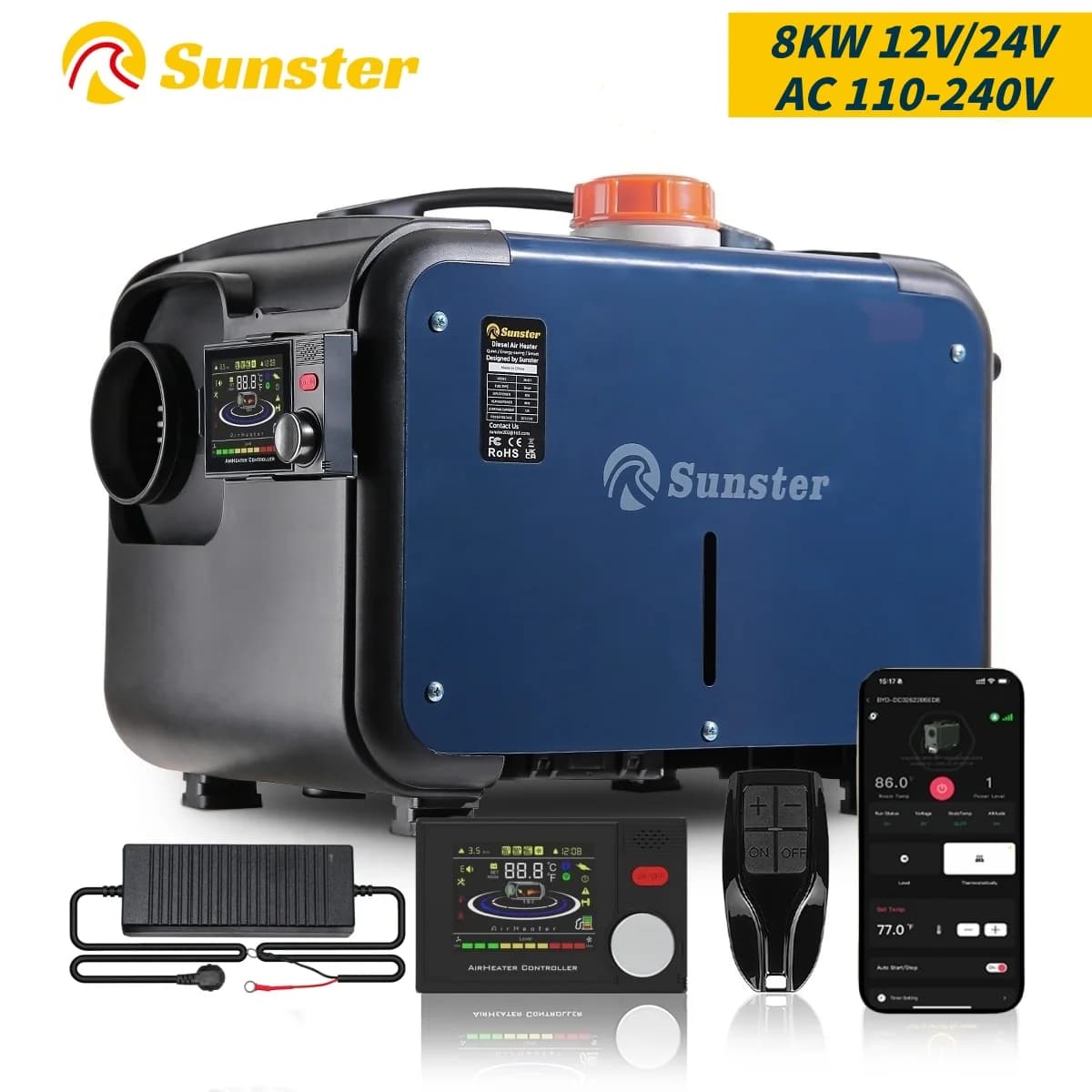 8KW 12V&24V 220V portable Diesel Air Heater bluetooth App Control w/Automatic Altitude Night Heater for RV car campervan Home