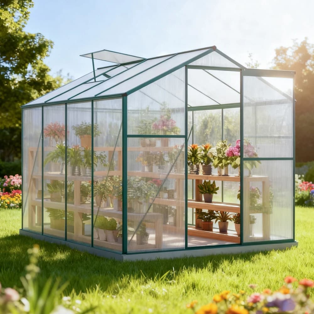 Aluminum Greenhouse with Foundation 4,75 M² - 190 × 253 Cm Incl, Skylight & Sliding Door, Garden Greenhouse Plant House
