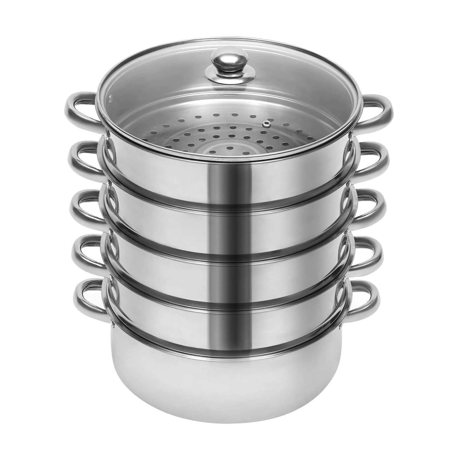 32CM Stainless Steel Steamer Pot 5-Tier Large Steaming Pot Cookware W/Lid & Handle for Vegetable, Dumpling, Stock, Sauce