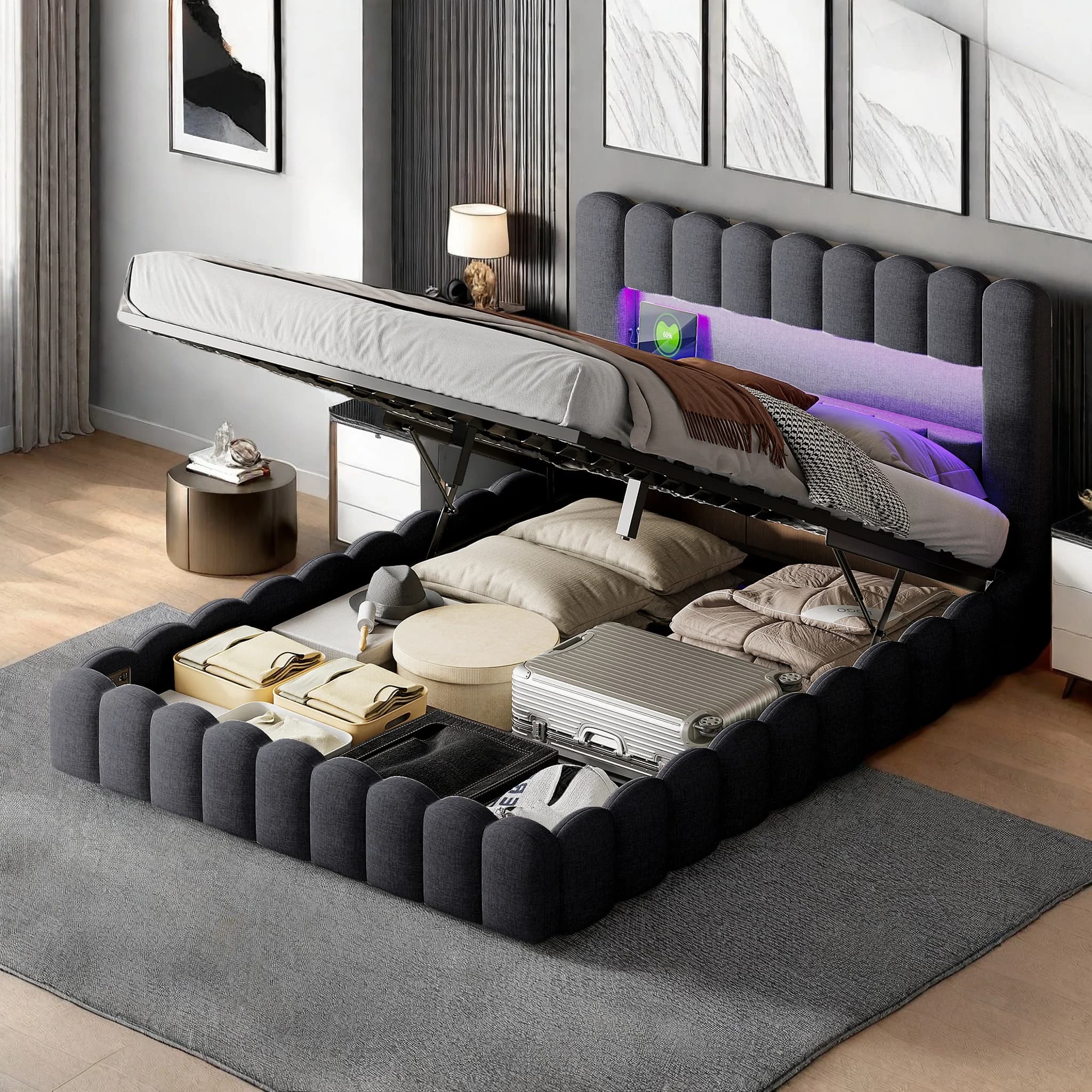 Rosahqnda upholstered bed (140/160/180*200cm) double bed with storage space,LED and USB port, storage headboard,bed frame,linen