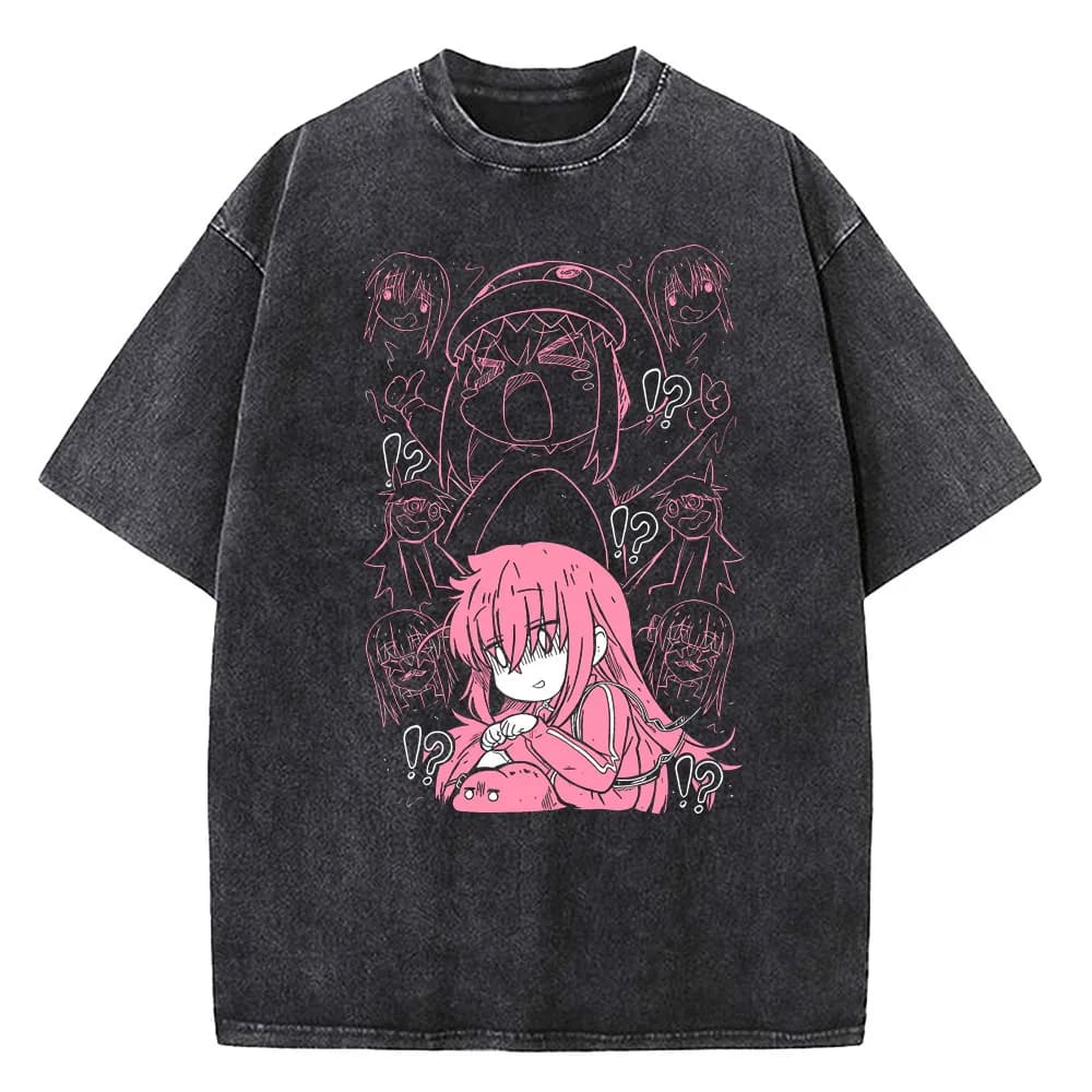 Vintage Men Printed Tshirts Bocchi Club Music Band Anime Bocchi The Rock Cotton Tops Creative Crew Neck Tees Washed TShirt
