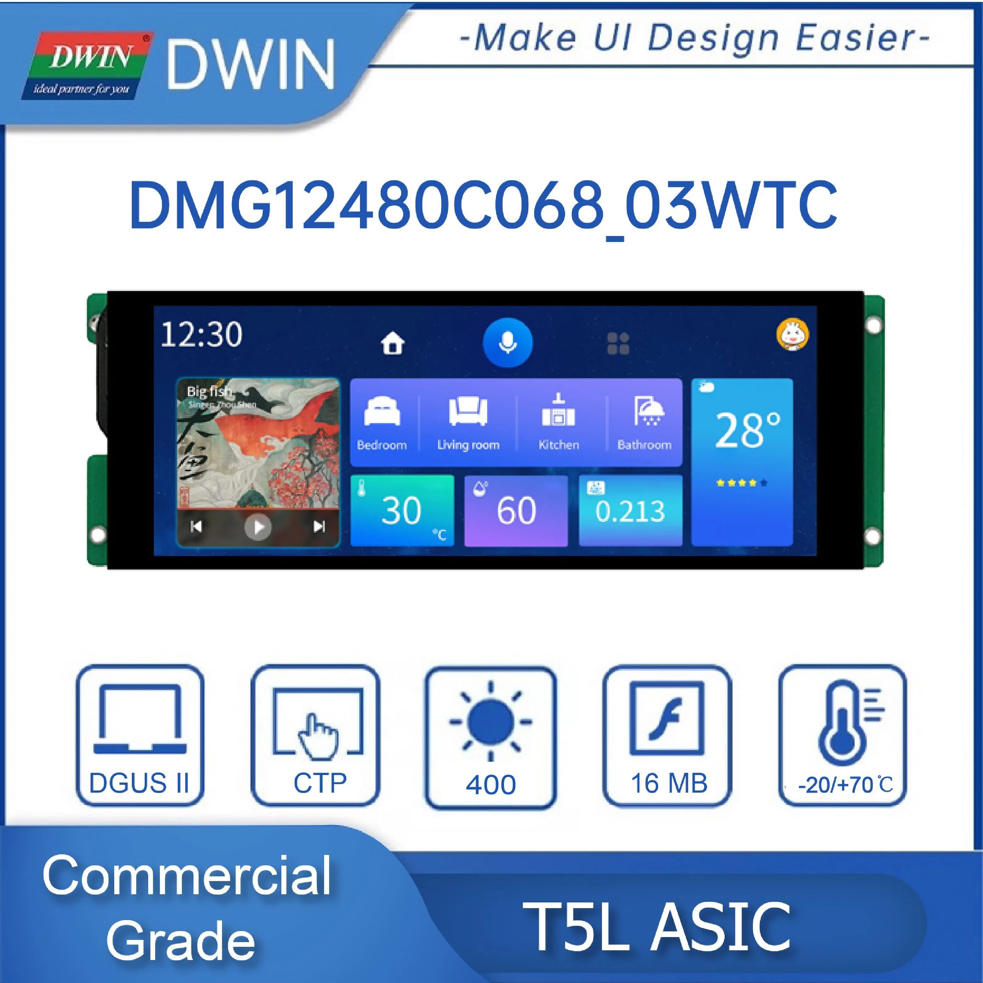 DWIN 6.8 Inch Bar Style IPS TFT LCD Module UART Intelligent Display Touch Screen HMI DMG12480C068_03W