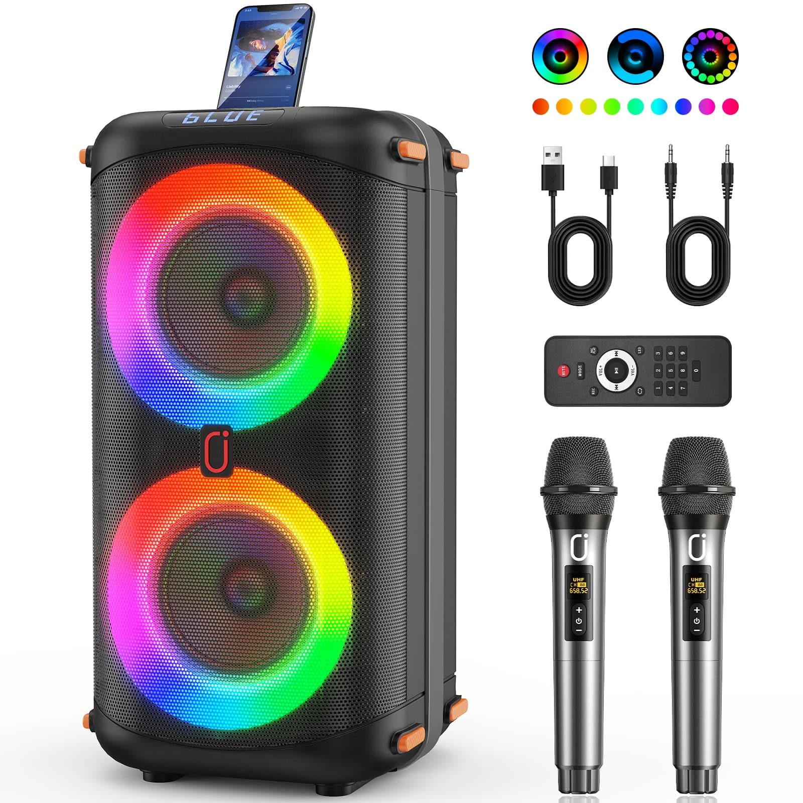 Karaoke Machine with 2 Wireless Microphones, Portable Bluetooth 5.3 Karaoke Speaker for Home Party Outdoors,PA System for Adults