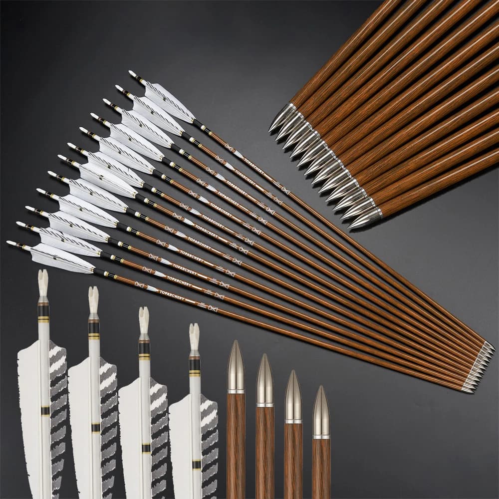 6/12/24pcs 32Inch Archery 100%Pure Carbon Arrows ID 6.2mm Wooden Shaft with 5'' Natural Feathers for Hunting Shooting