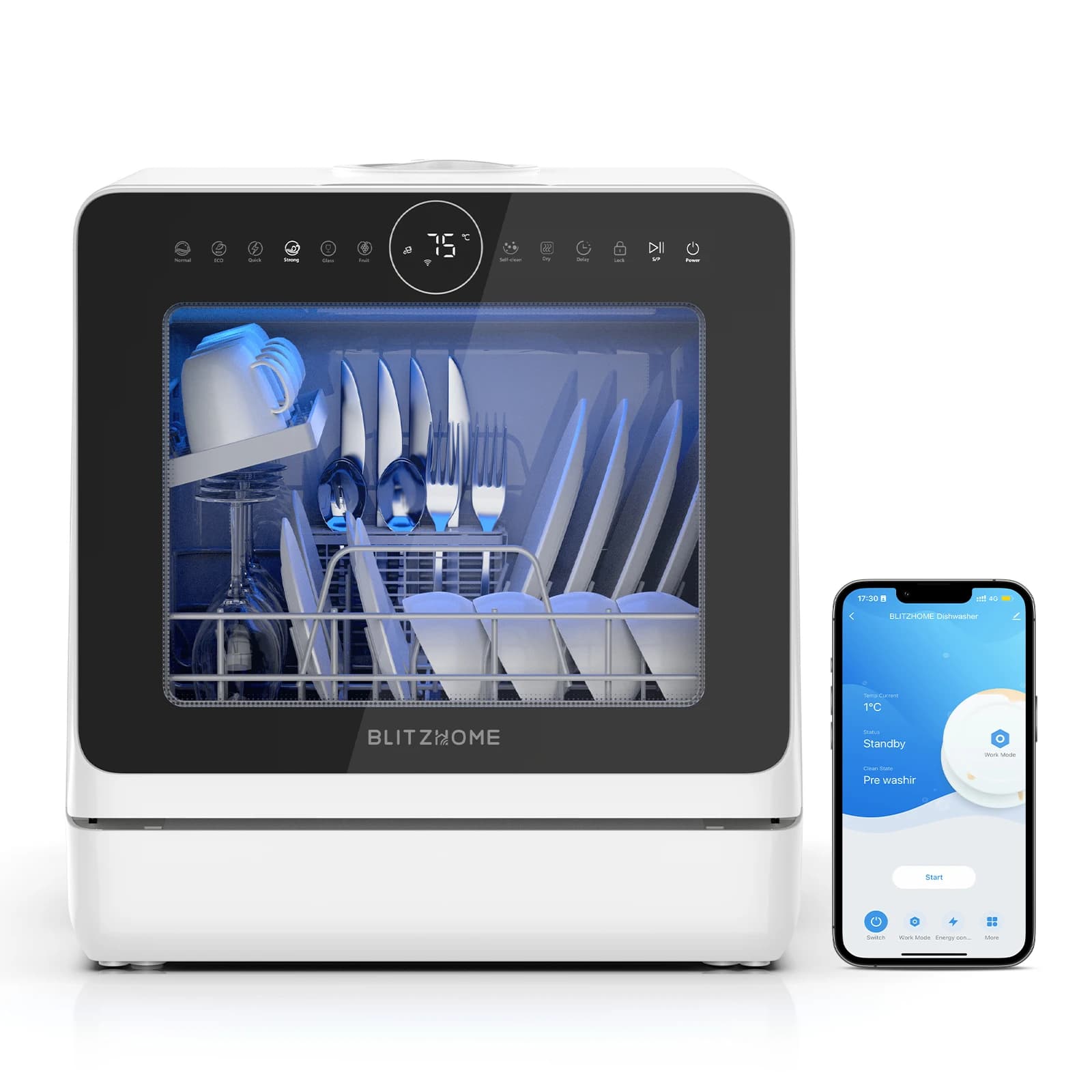 BLITZHOME BH-4-CDW Compact Smart Countertop Dishwasher APP Control 8 Programs 3D 360° Dual Spray With 5L Built-in Water Tank