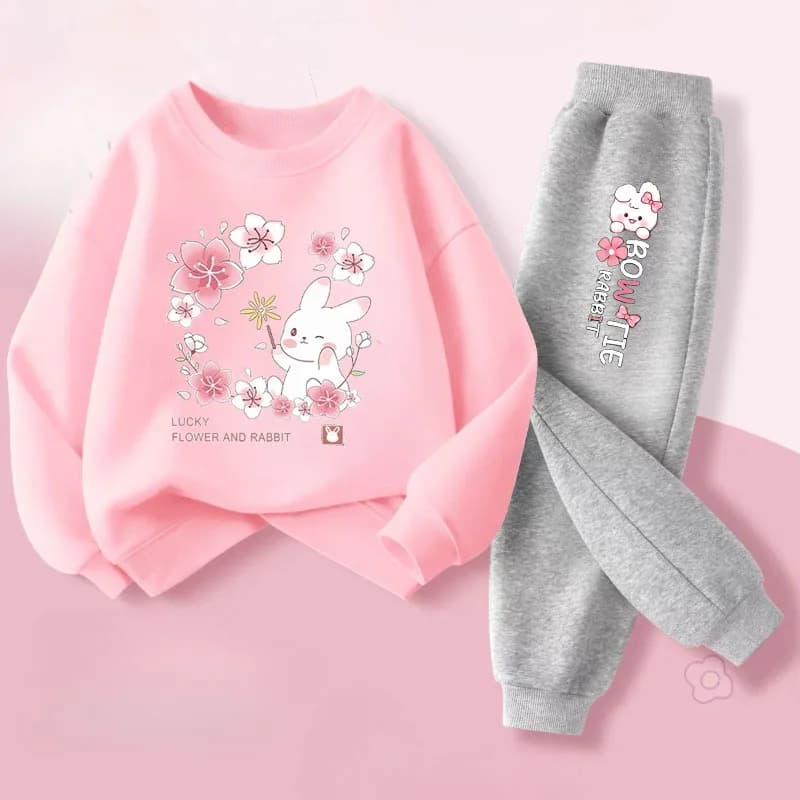 Cute Rabbit Printed Baby Girls Spring New Style Hoodies Sets Children's Sweatshirt Sweatpant Two Piece Suit Kids Outdoor Outfits