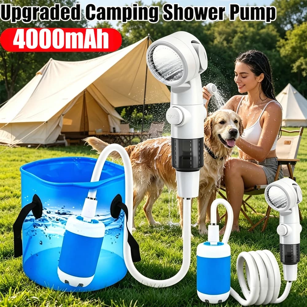 Upgraded Portable Electric Camping Shower Pump Rechargeable 4000mAh with Digital Display Hose And Hook for Beach Dormitory