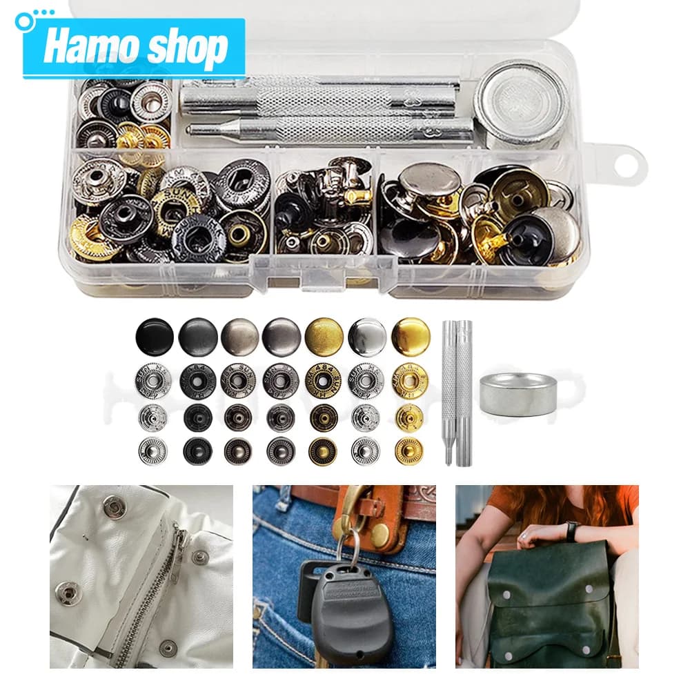 25Sets Metal Snaps Fasteners Button Snap Press Studs With 4 Installation Tools Kits Leathercraft For Clothes Garment Bags Shoes