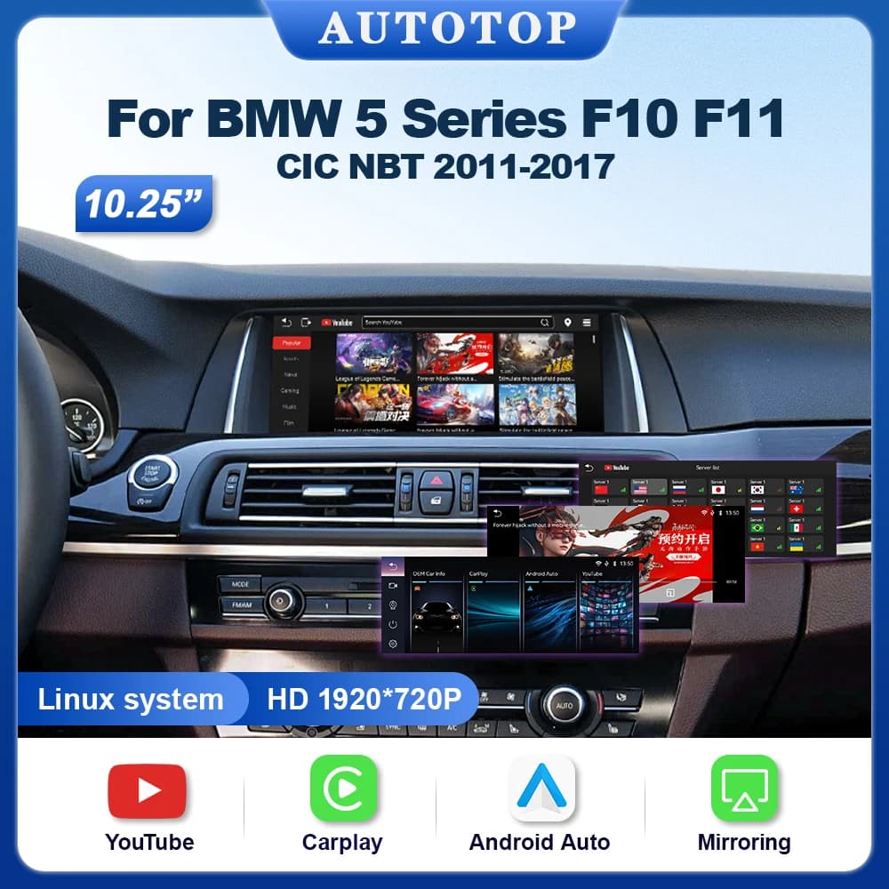 10.25" Linux Screen Wireless CarPlay Android Auto Car Radio For BMW 5 Series F10 F11 2011-17 CIC NBT GPS Multimedia With YouTube