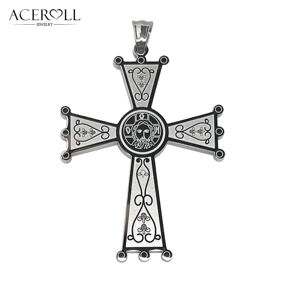ACEROLL Stainless Steel Pendant of The Orthodox Cross With Holy Jesus Face