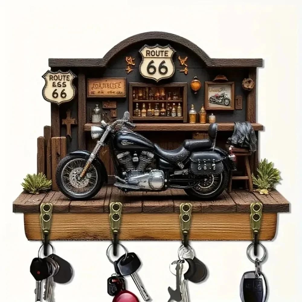 2D, Highway 66 Motorcycle Theme, Wooden Multifunctional Keyframe with Four Metal Hooks, Wall, Porch, Room, All Season Decoration