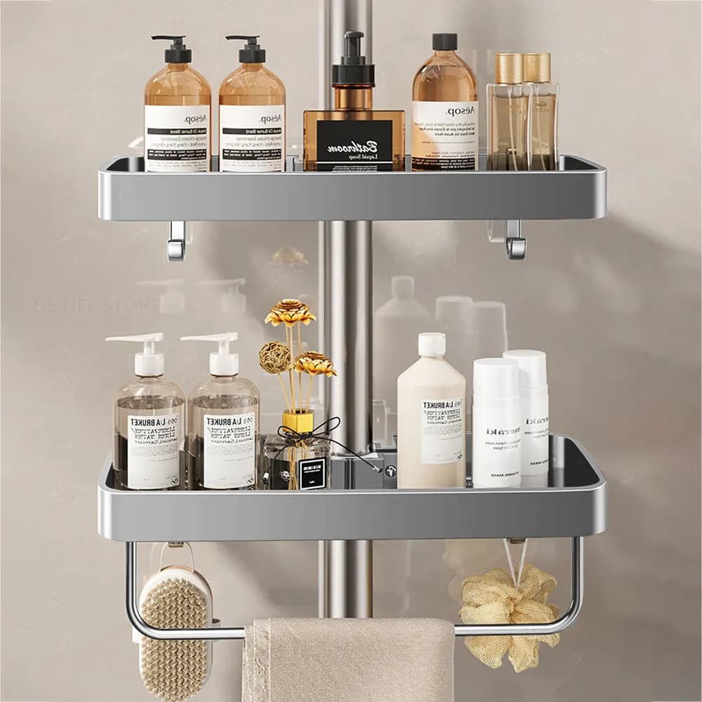 1/2PCS Punch-Free Shower Caddy With Towel Rod Bathroom Shelf Shampoo Soap Holder Shower Tray For Toilet Bathroom Organizer