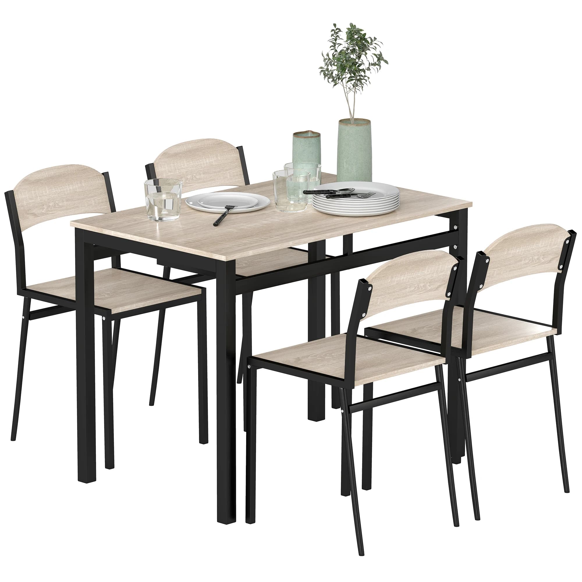 Homcom Dining Table and Chairs Set, Rectangular Kitchen Table with 4 Chairs, Modern Style, Metal Frame, for Small Spaces, Living Room, Oak and Black