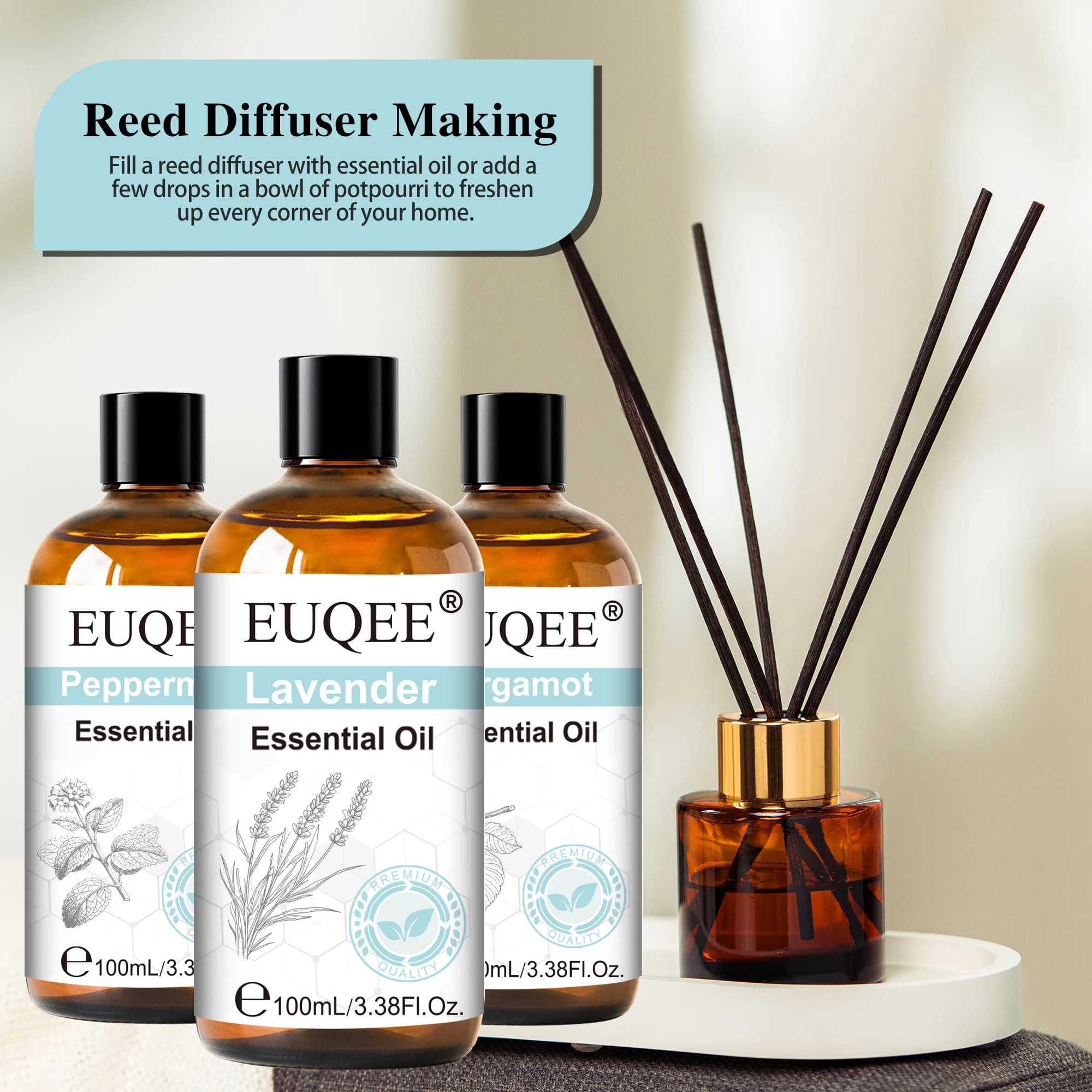 EUQEE 100ml Aromatherapy Essential Oil For Diffuser Humidifier-Vanilla Lavender Bergamot Eucalyptus Rose Aroma Essential Oils
