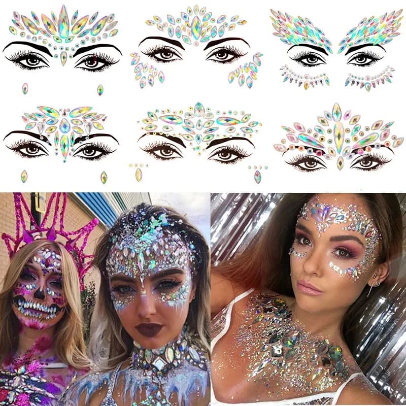 3D Rhinestone Bright Face Stickers for Festival Glitter Makeup Jewelry Sticker on Face Crystals Gems Jewels Diamonds Decoration