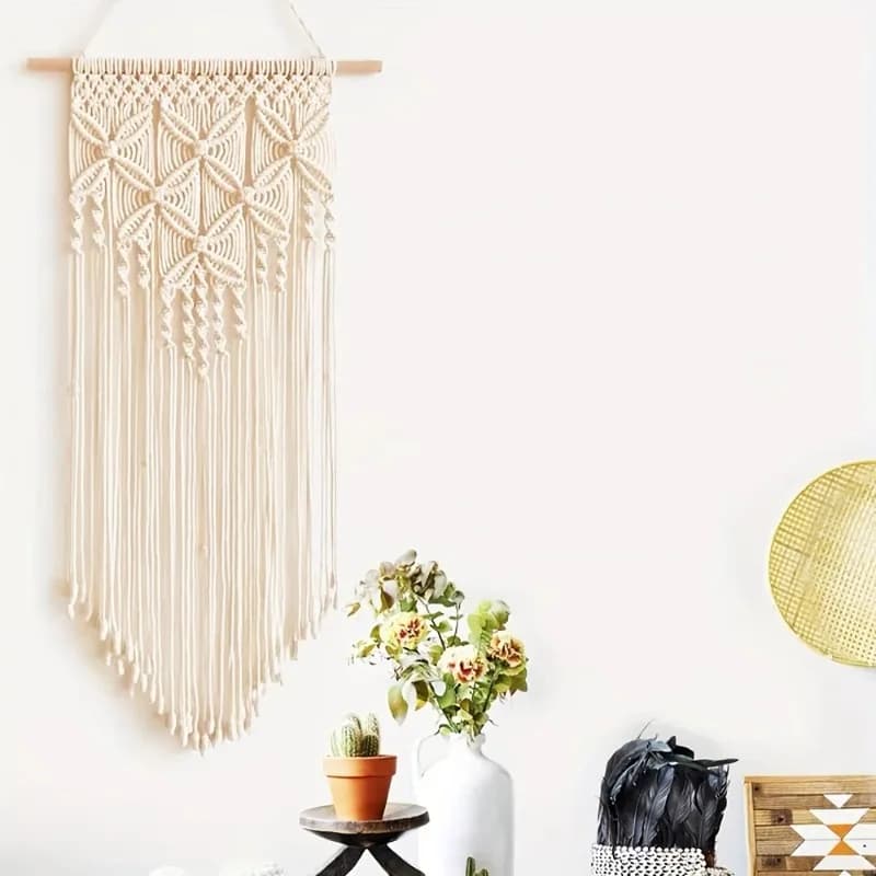 1pcs Four Leaf Clover Cotton Macrame Wall Hanging, Boho Diamond Pattern Tassel Wall Decor for Airbnb Bedroom Living Room