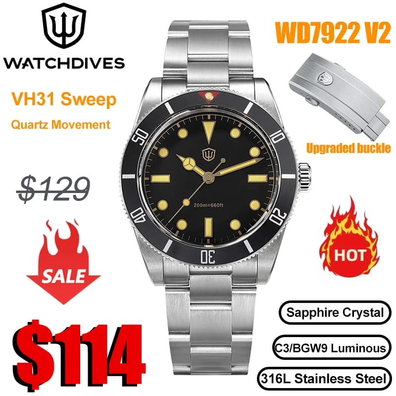 Watchdives WD7922 V2 BB54 Quartz Watches VH31 20Bar Waterproof Luminous Sapphire  37Mm Fashion Stainless Dive Wrist Watch