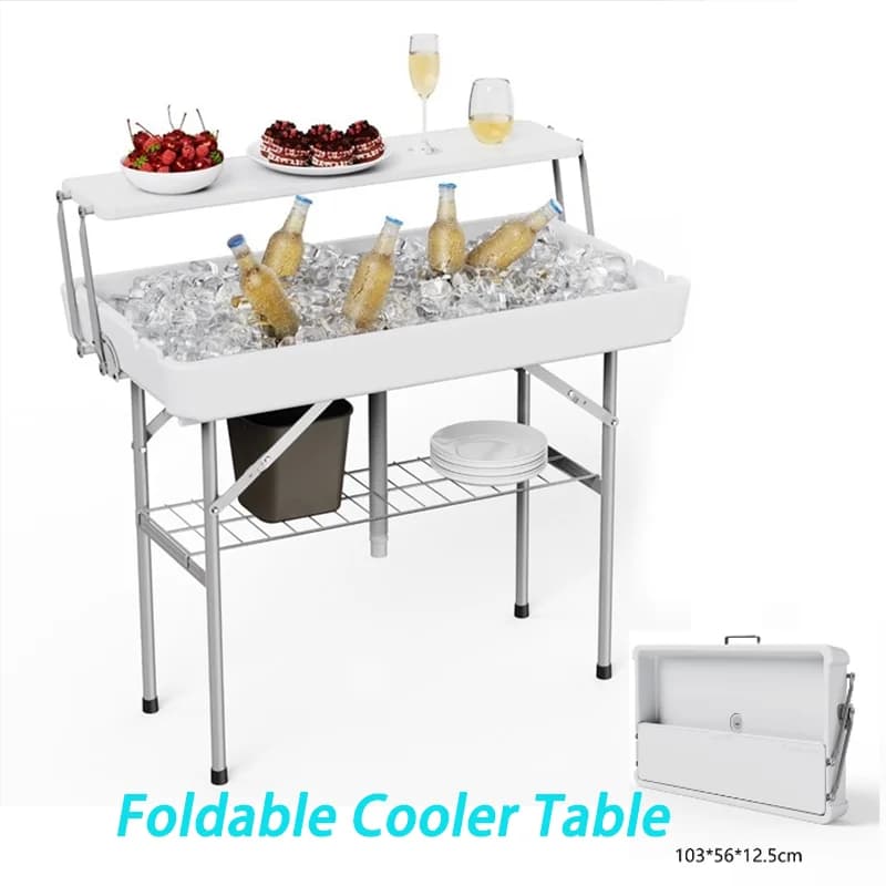 Outdoor Foldable Cooler Table with Ice Bucket, Garden Beer Table with Cooler, Portable Patio Cooling Table for Party, Camping