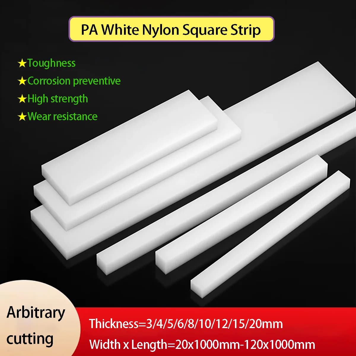 White Nylon Square Strip PA6 Wear-Resistant Plastic Nylon Plate Sheet Customized Plastic Pad Processing Thickness=3-20mm