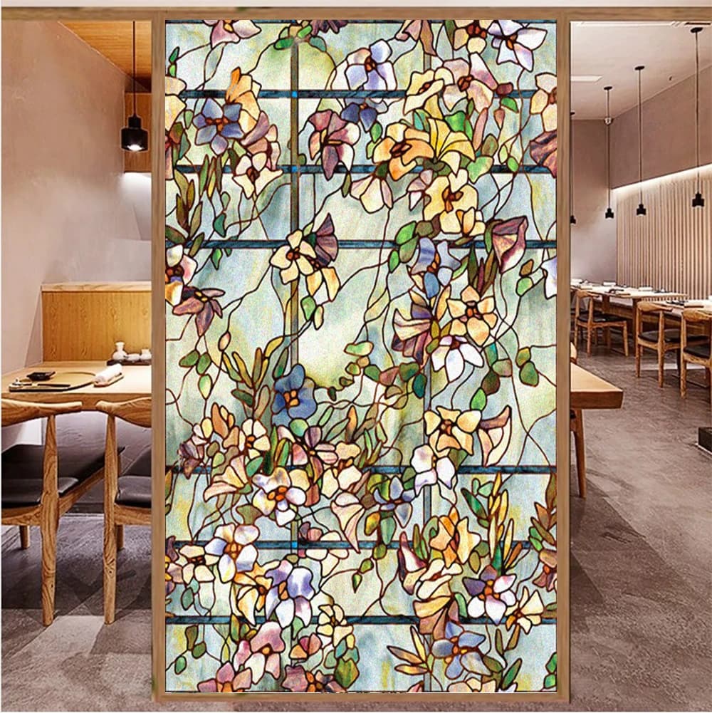 Retro Flower Window Film Electrostatic Sticker Colored Glass Adhesive Free UV Resistant Heat Resistant Door Sticker,