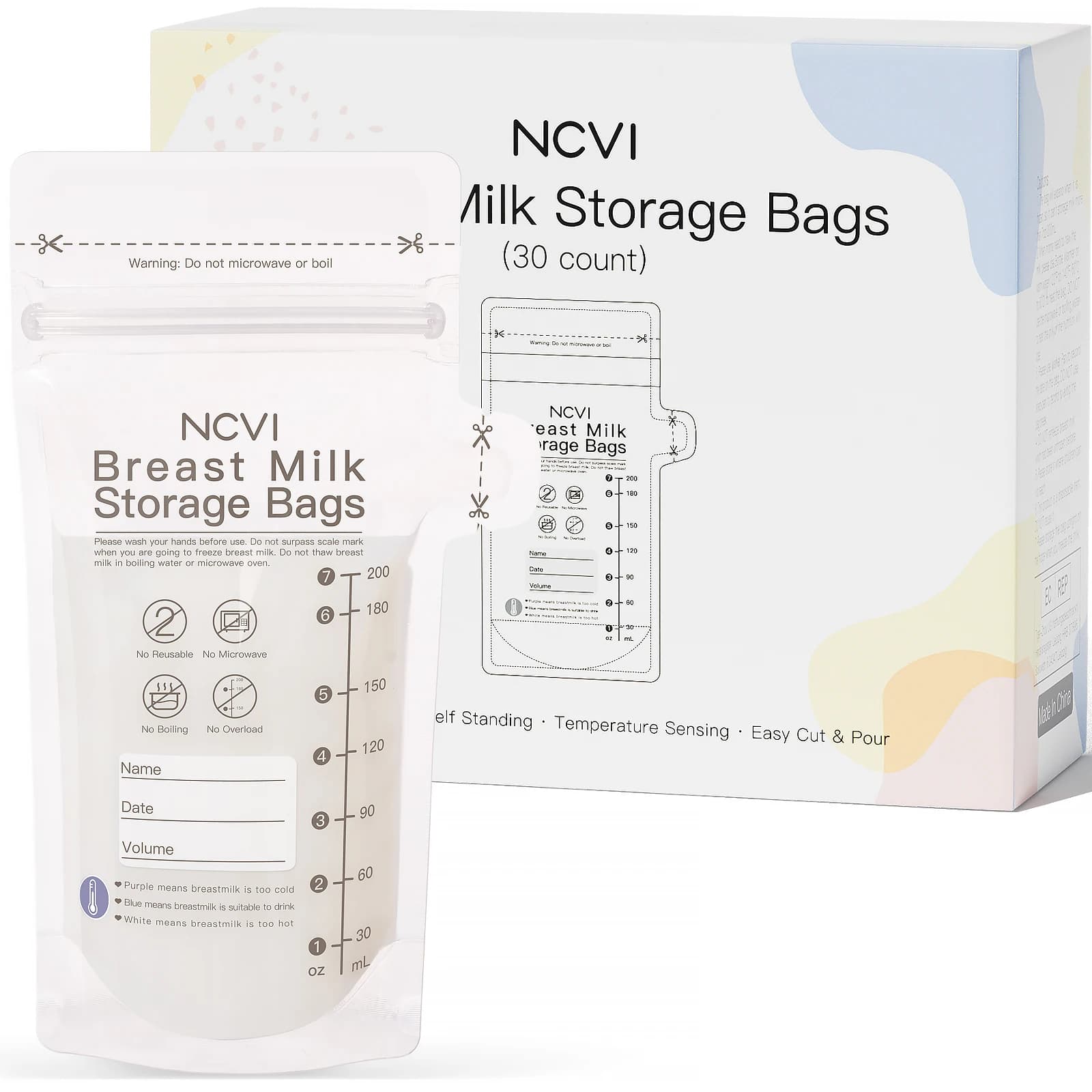 NCVI Breastmilk Storage Bags, 200ml Milk Freezer Bags for Breastfeeding,Preservation Bag, Temp-Sensing,Doubled-Sealed,BPA Free