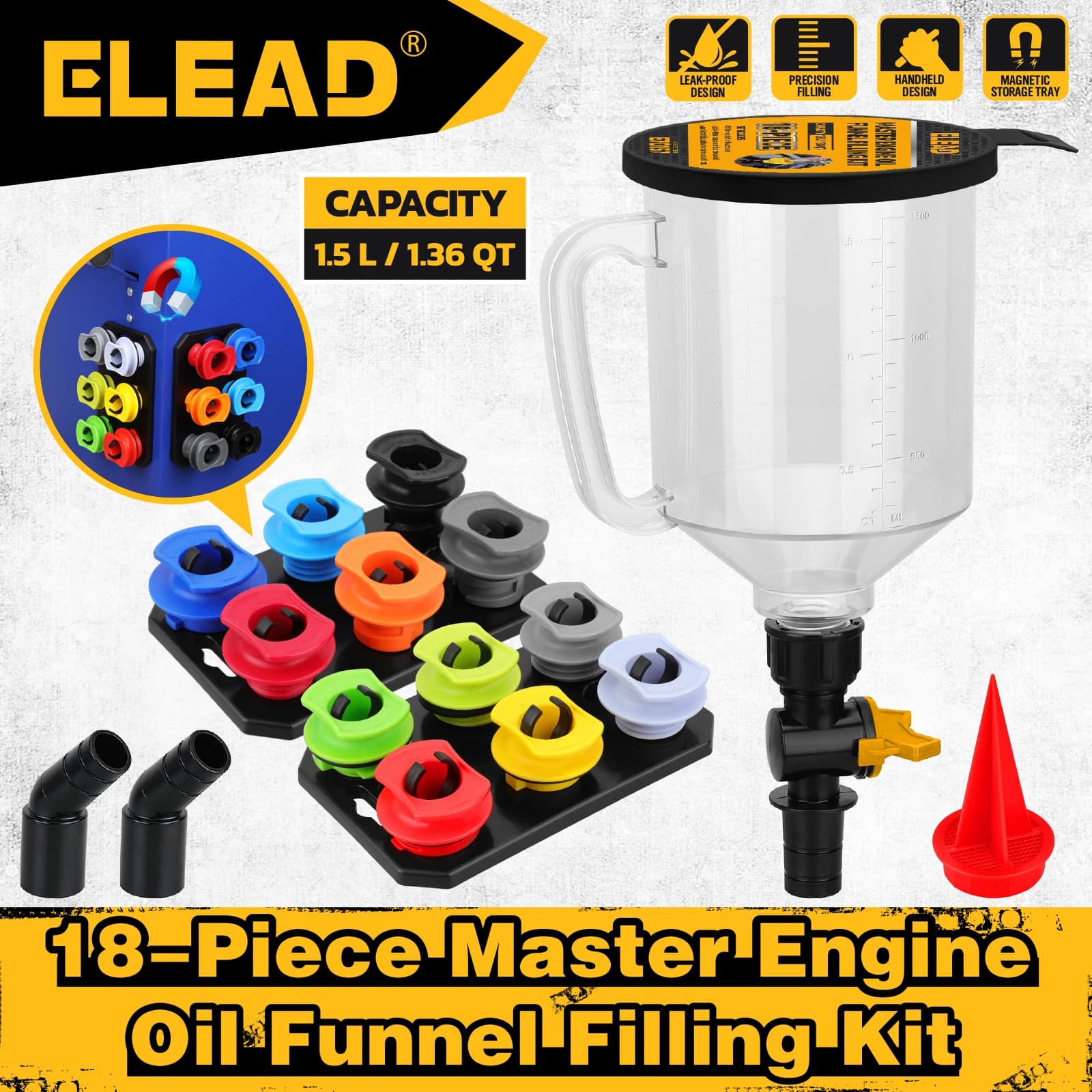 ELEAD 18Pcs Engine Oil Funnel Filling Kit, 1.36qt/1.5L Coolant Funnel Set, Funnels for Automotive Use