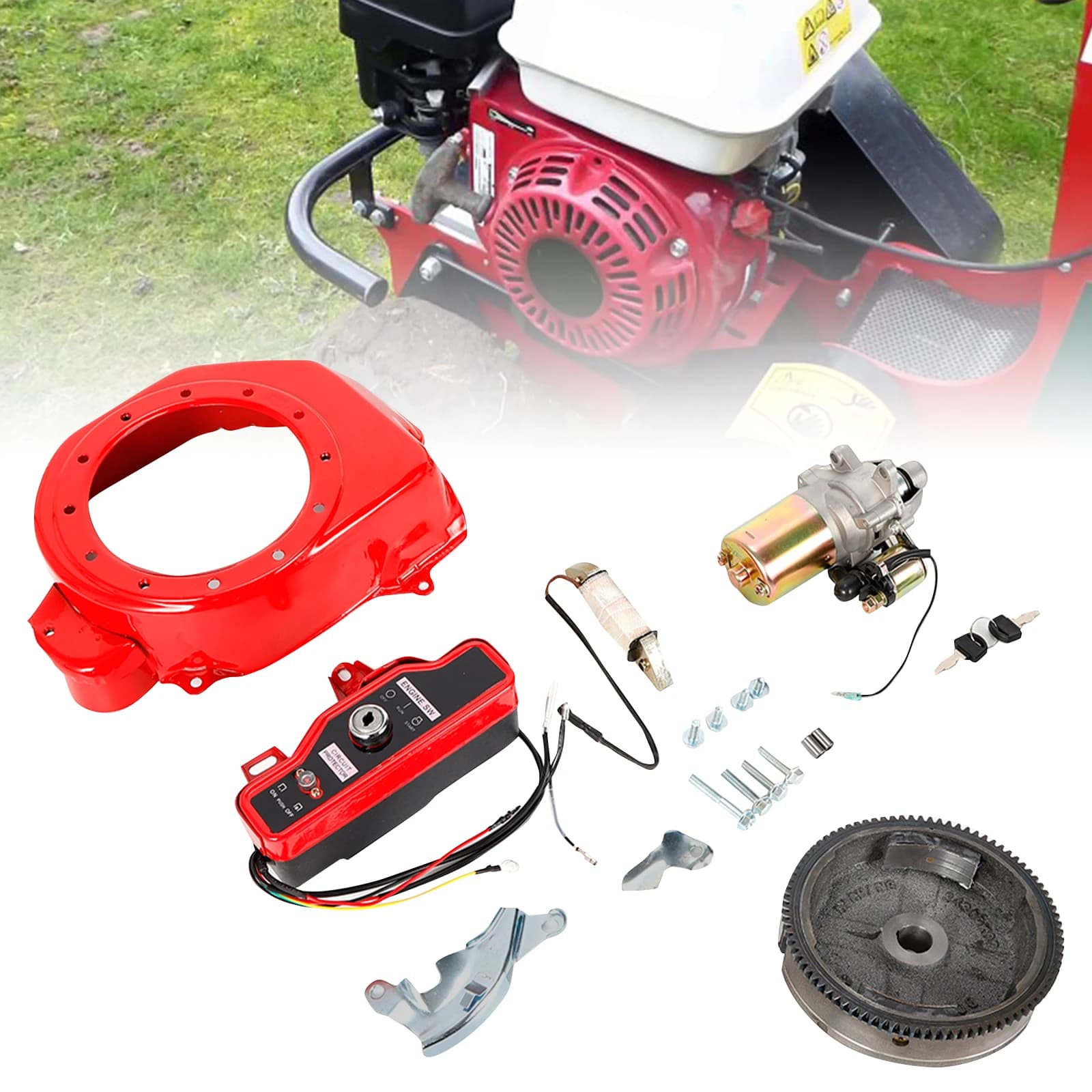Electric Start Flywheel Starter Motor Kit with Key Switch Box and Coil for HONDA GX160 5.5HP GX200 6.5HP / GX340 11HP GX390 13HP