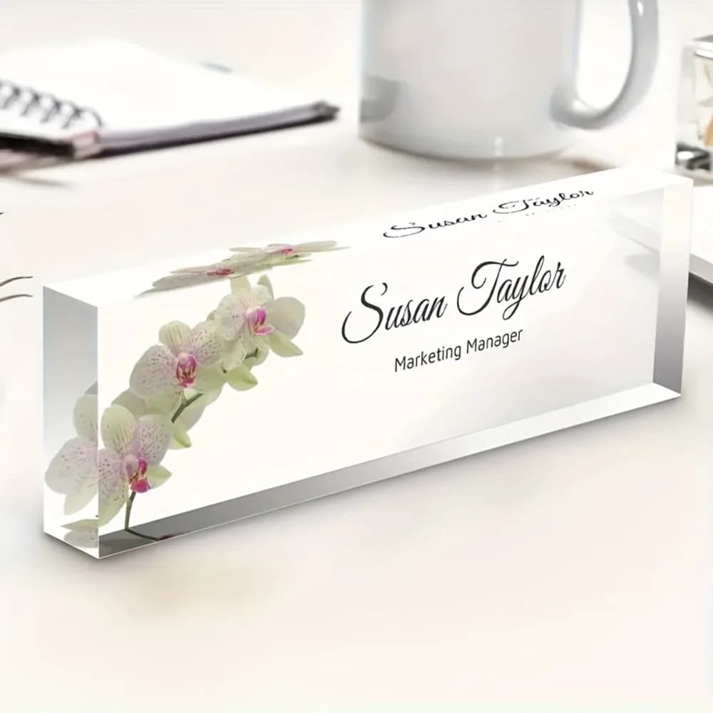 Custom Floral Design Acrylic Desk Nameplate Personalized English Desktop Sign Multi-Purpose Office Essential