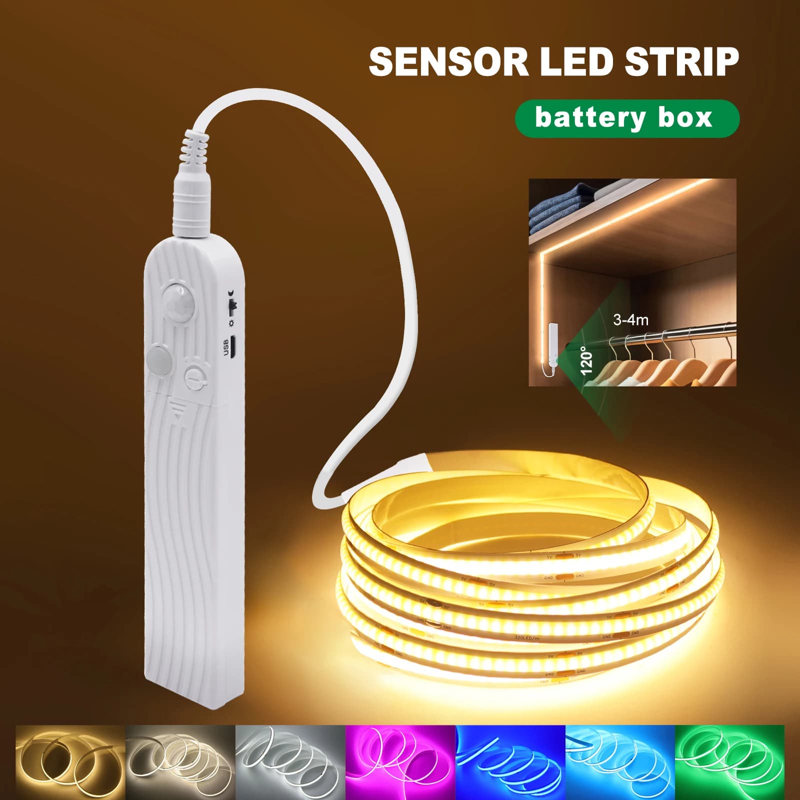 8MM COB Led Strip 5V with Motion Sensor Battery Powered 320LEDs/M Led Induction Night Light Warm White Red Ice Blue Green Yellow