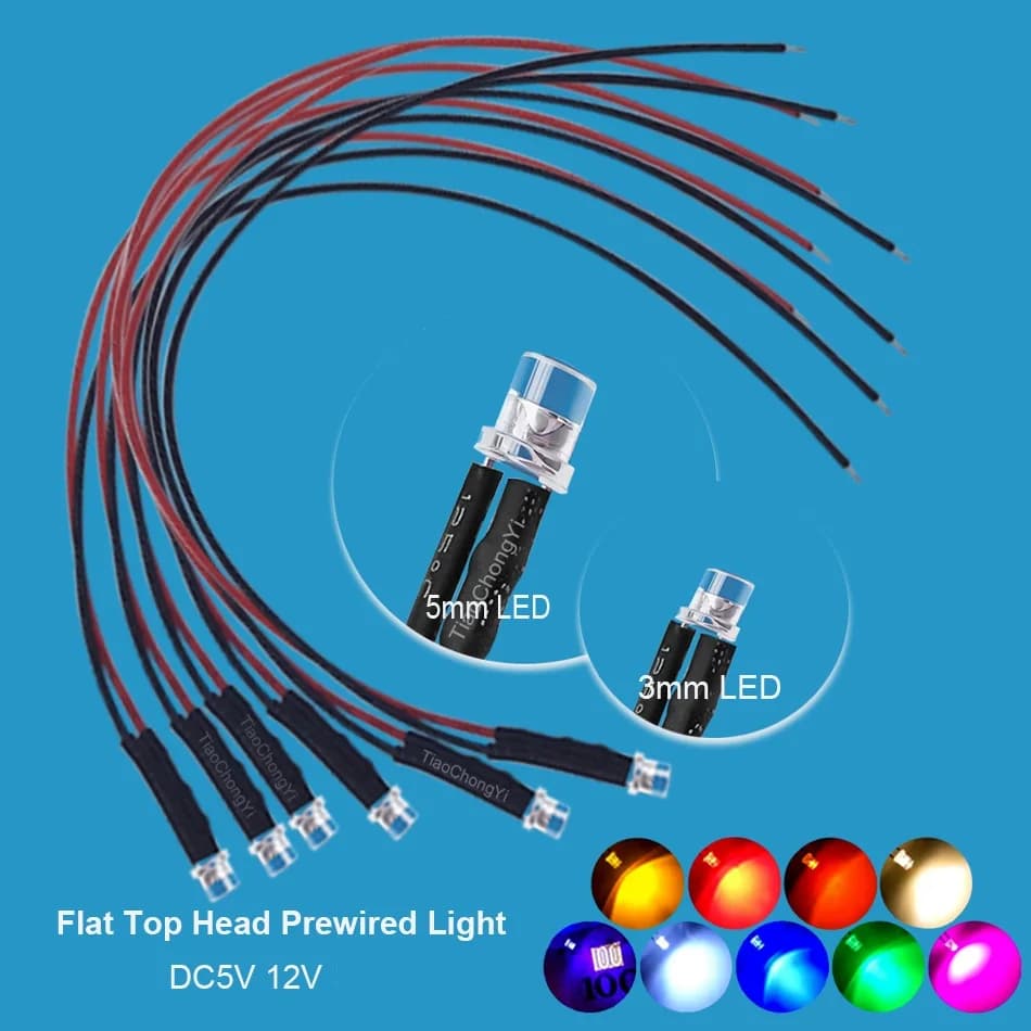 10pcs 3mm 5mm Flat LED DC 5V-12V  Pre-Wired Water Clear Leds Red Yellow Blue Green White Orange Pink UV Light Lamp Bulb