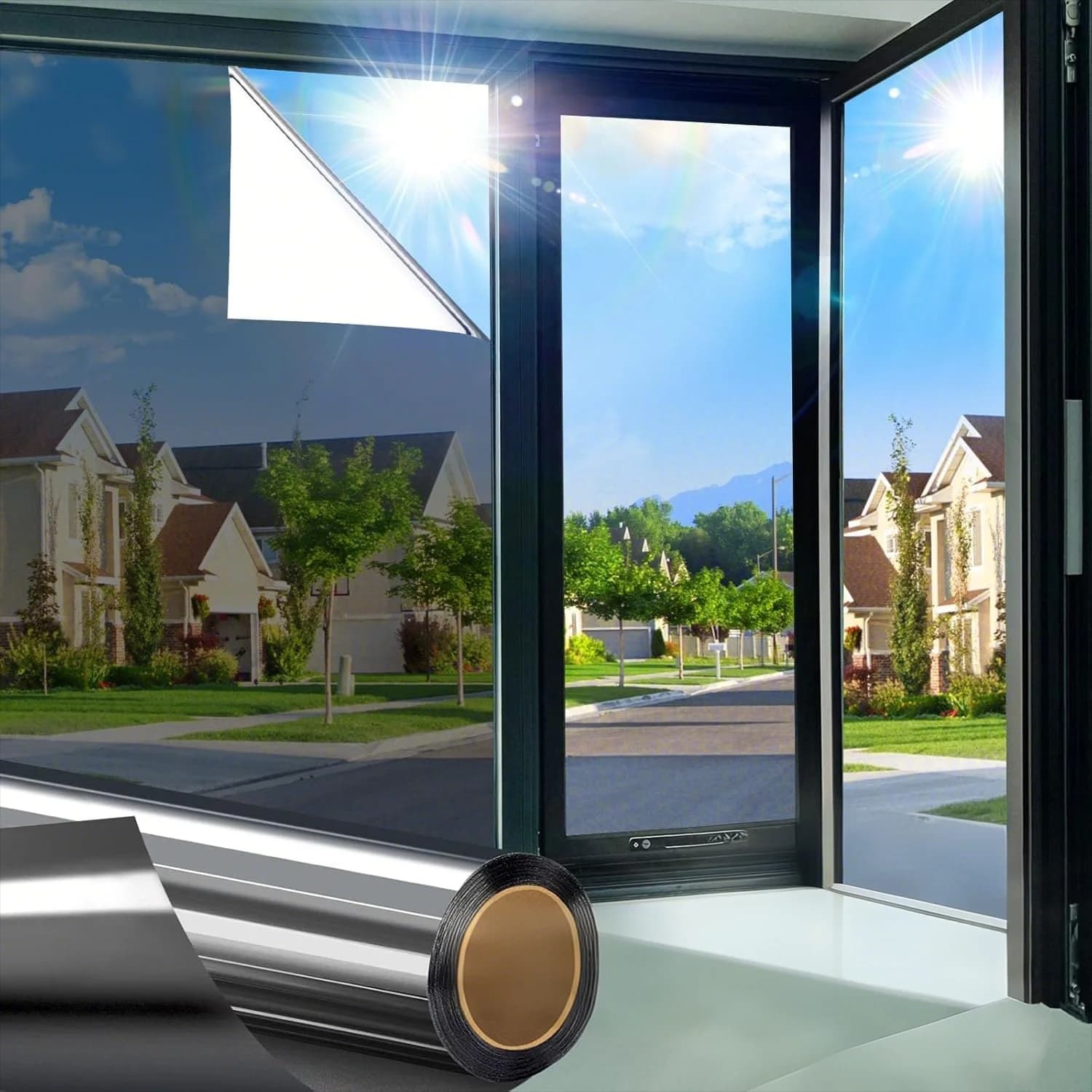 One Way Window Privacy Film See Out Not in, Window Tint for Home, Reflective Mirror Glass Windows Coverings Sun Heat UV Blocking