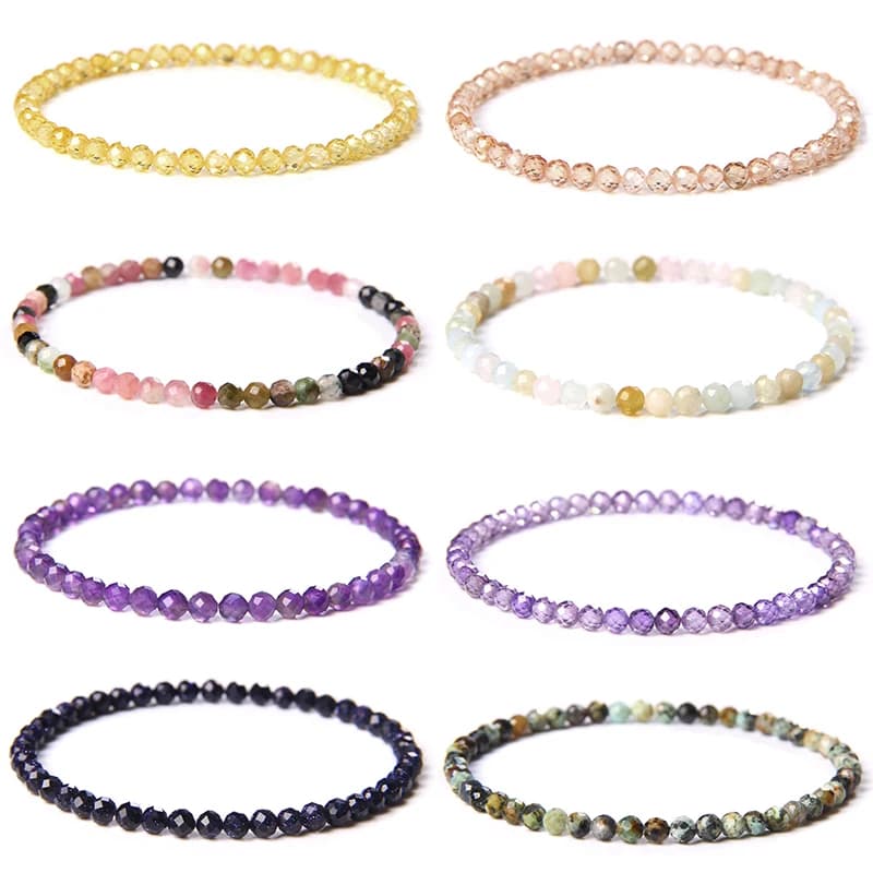 Faceted Zircon Beads Bracelets For Women Men 4MM Crystal Tourmaline Pink Opal Stretch Bracelet Tiny Mini Bangles Fashion Jewelry