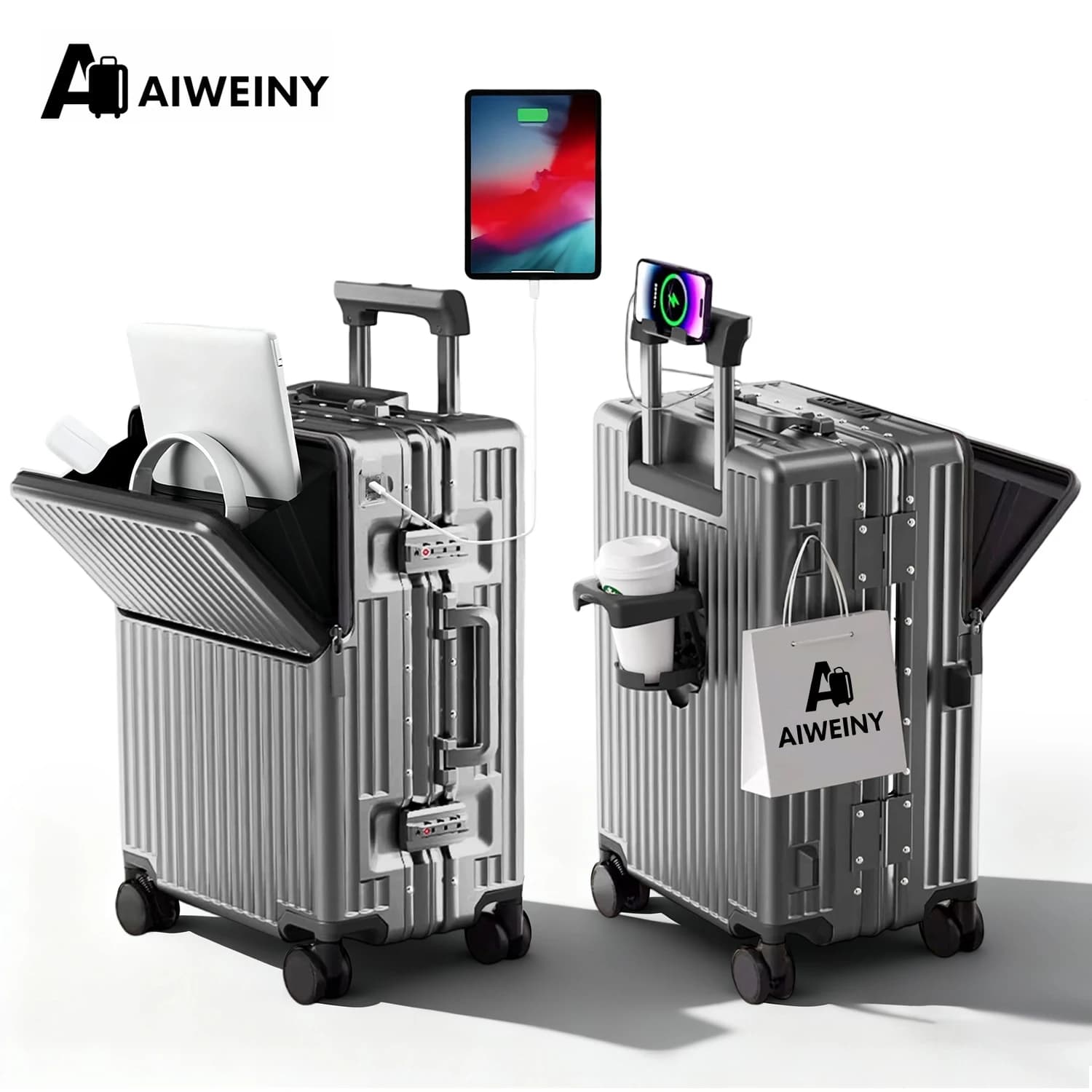 AIWEINY Lightweight Aluminum Frame Hard Shell Luggage,360° Silent Wheels,TSA Lock,with USB,20/24/27 in Carry On /Travel Suitcase
