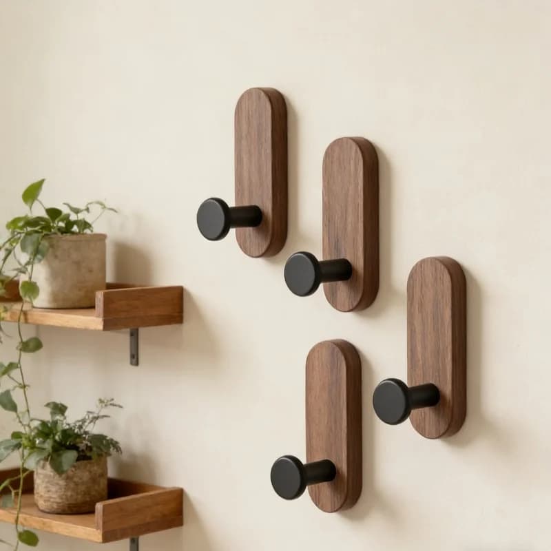 Self Adhesive Mounted Walnut Wood Wall Hooks for Hanging Coat Towel Clothes Blanket Hat Backpack Robe Entryway Key Holder