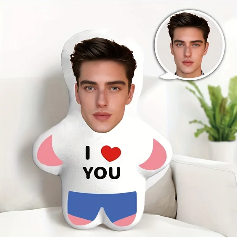 Customized 'I Love You' Mini Plush Doll Personalized Photo Pillow, Perfect Couple Gift, Soft Polyester
