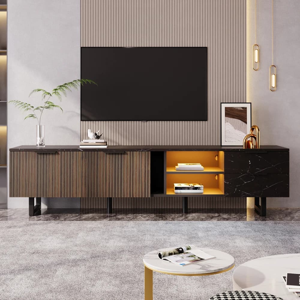 200cm TV Cabinet with Black Marble Optics, Dark Wooden Doors, Adjustable LED Lighting, Two Doors and Two Drawers
