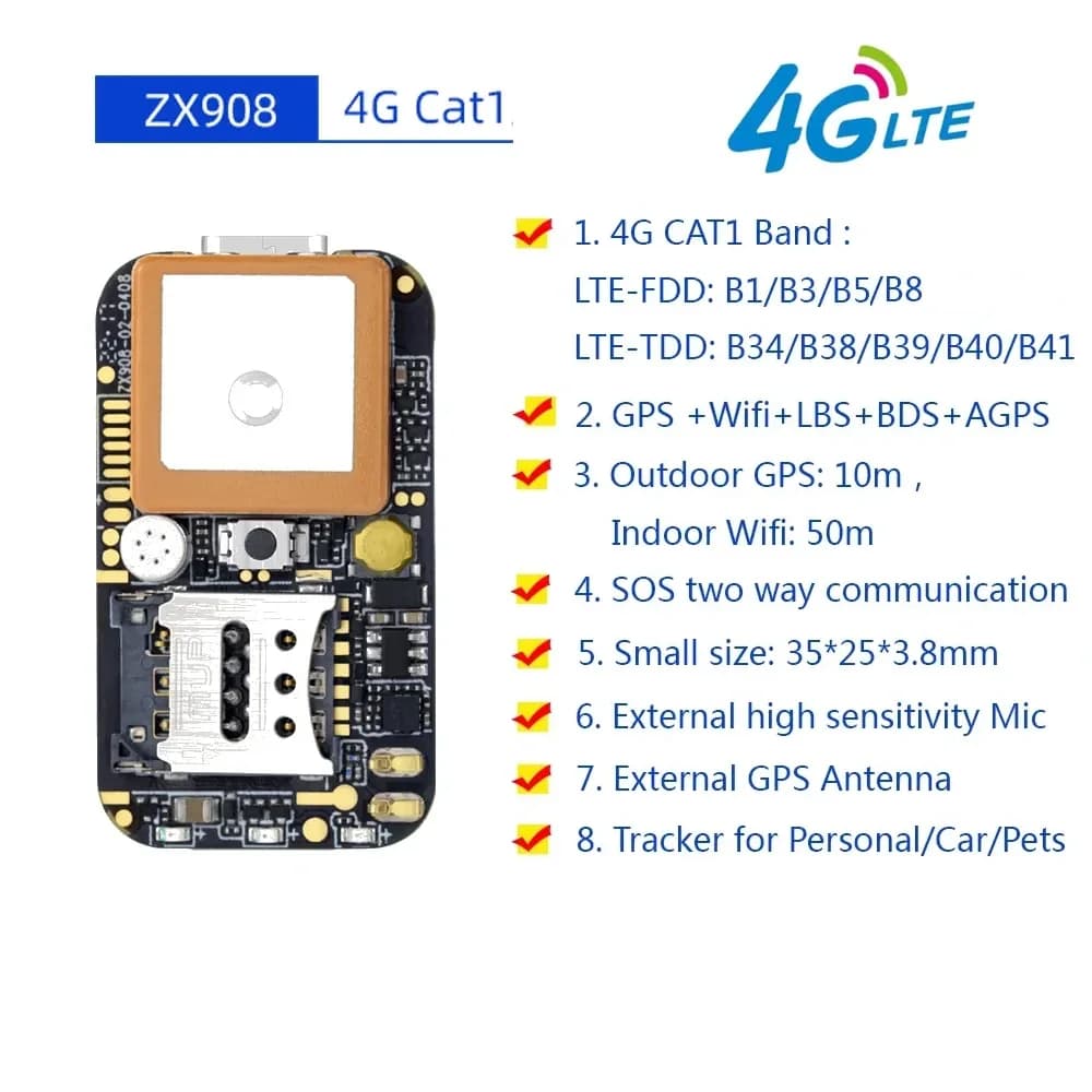 ZX908 Mini 4G GPS Tracker CAT1 PCBA Chip Board For Vehicle Car Person Tracking System Wireless WIFI Beidou Satellite Locator