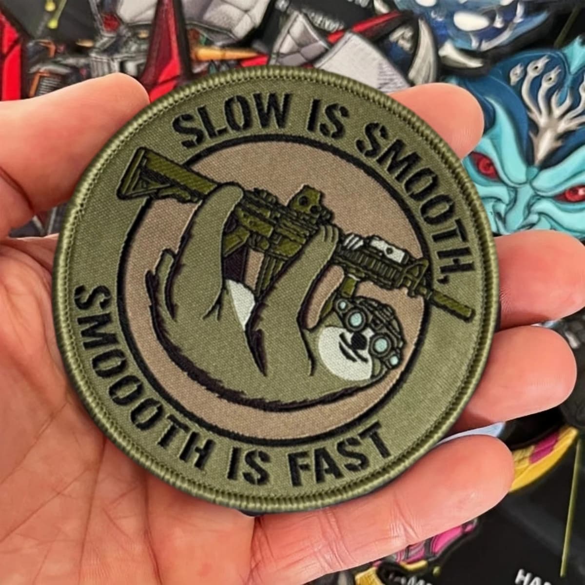 Slow Is Smooth, Smooth Is Fast Morale Tactical Patch Military Army Backpack Stickers Sloth Embroidered Hook Loop Airsoft Patches