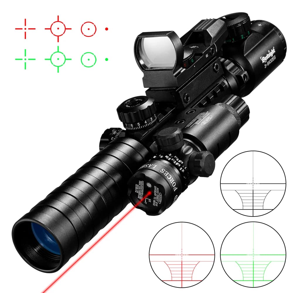 3-9X32 EG Scope 3 in 1 Combo Hunting Scope Red Green Illuminated with Holographic Reflex 4 Reticle Red Green Dot Sight Caza