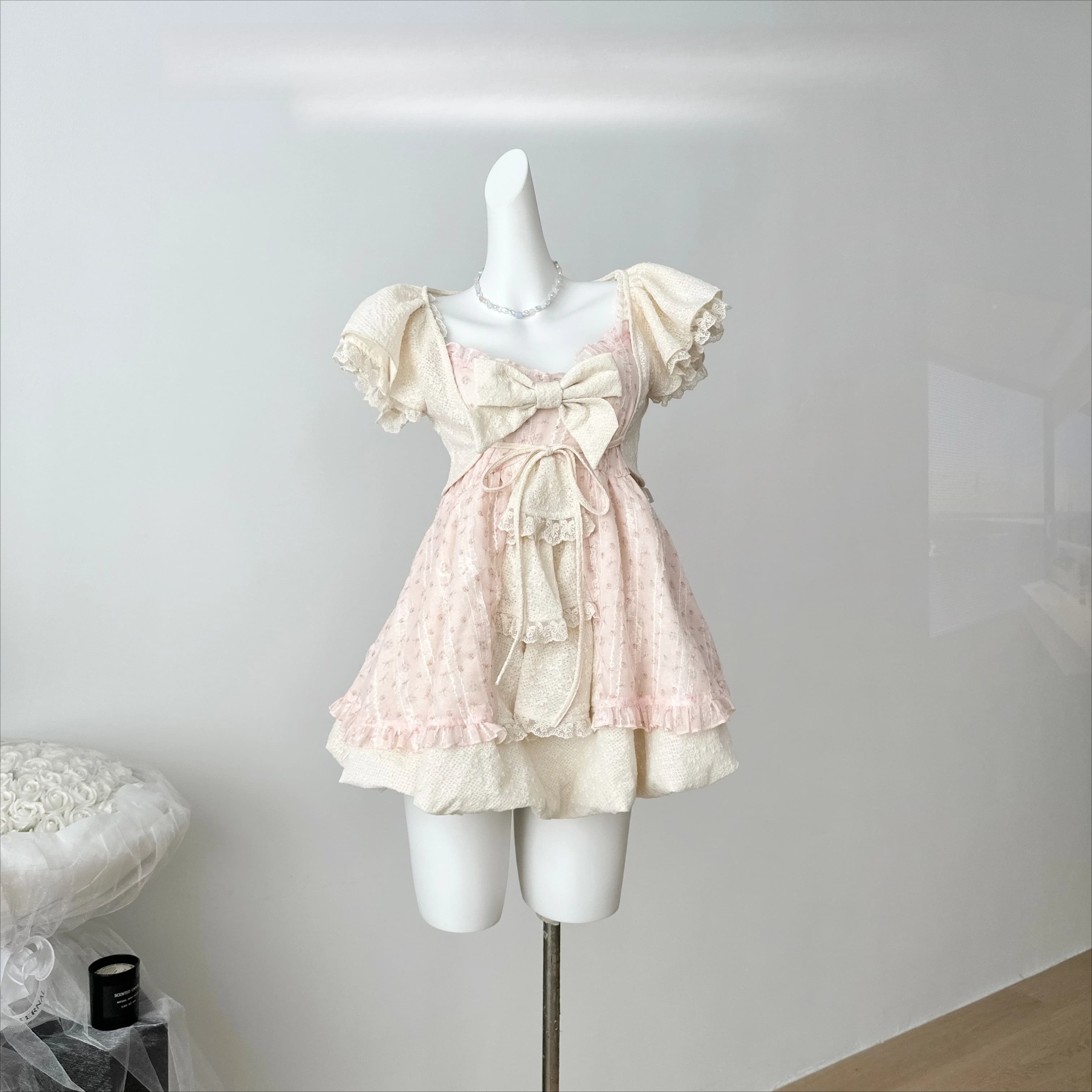 Sweet Lolita Bow Lace Dress Women Puff Sleeve Ruffle Layered Skirt Princess Style Vintage Cottagecore Fairycore Kawaii Outfits