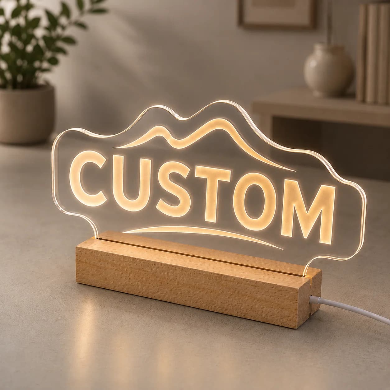 Custom Acrylic Business Logo Sign Personalized Brand QR Plaque Light Lamp Corporate Gifts Wood Social Media Table Decor Sign